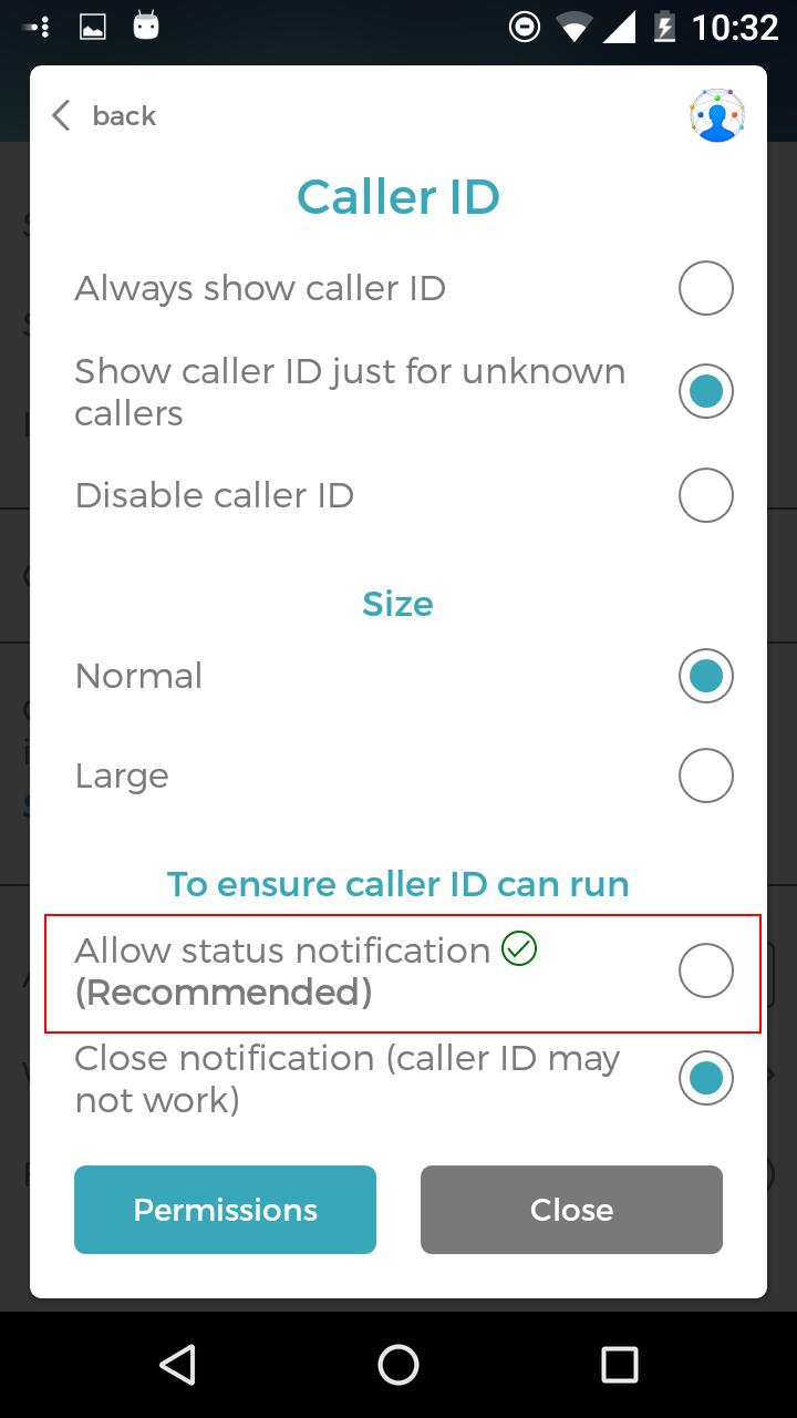 Enable status. Caller show add. Call disable.